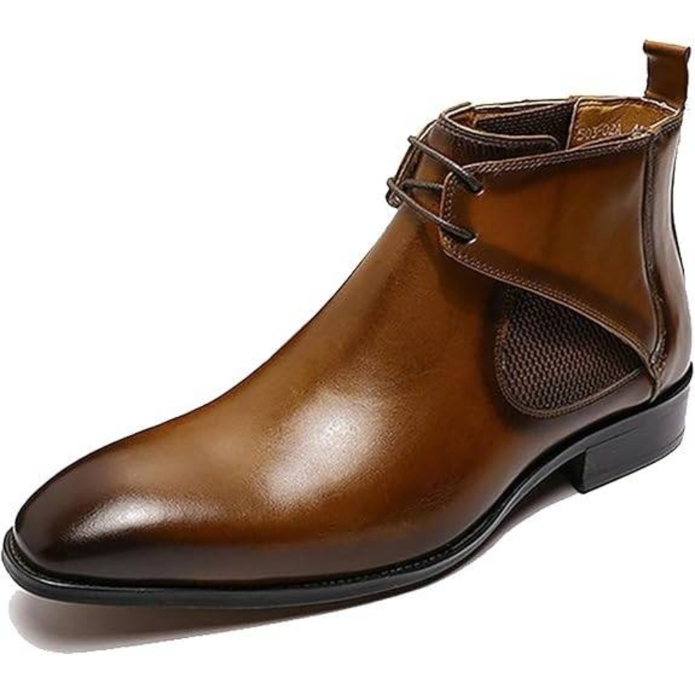 Santimon Men's US 7 Brown Leather Pointed Toe Lace up Chelsea Dress Chukka Boots